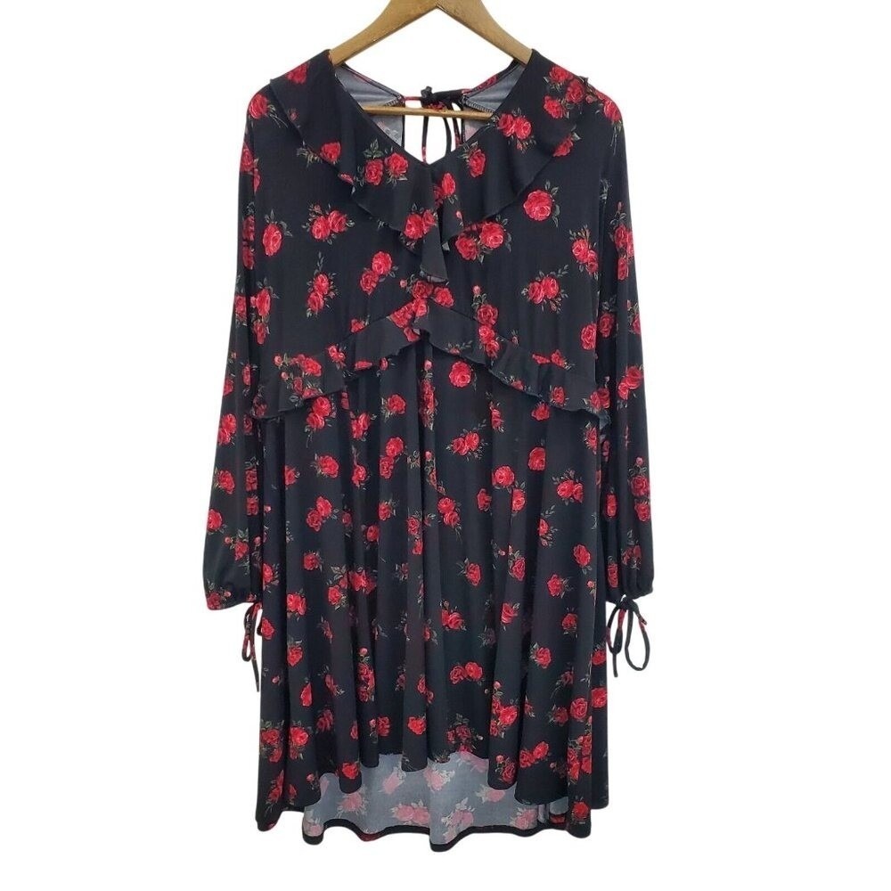 Torrid Rose Print Black Ruffle Babydoll Dress Long Sleeve Tie Back Womens Size 3